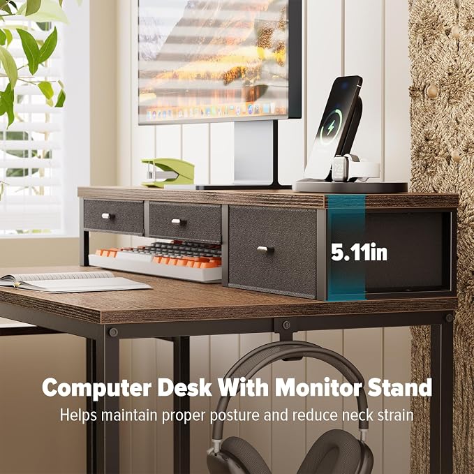 SINPAID 47 inch Computer Desk with Printer Shelf, Gaming Desk with Monitor Stand and Drawers, Reversible Home Office Desk with Storage Shelves and 2 Hooks, Home Workstation for Study Writing, Walnut - Image 4