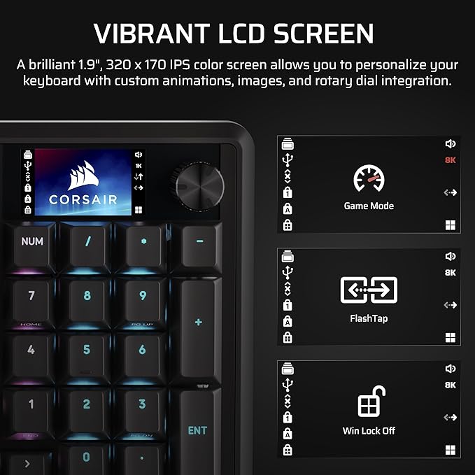 Corsair Vanguard 96 Wired Mechanical Gaming Keyboard – 96% Layout, MLX Plasma Linear Switches, 8000Hz Polling, LCD Display, Virtual Stream Deck, G-Keys, SOCD Flashtap, QWERTY US – Black - Image 6