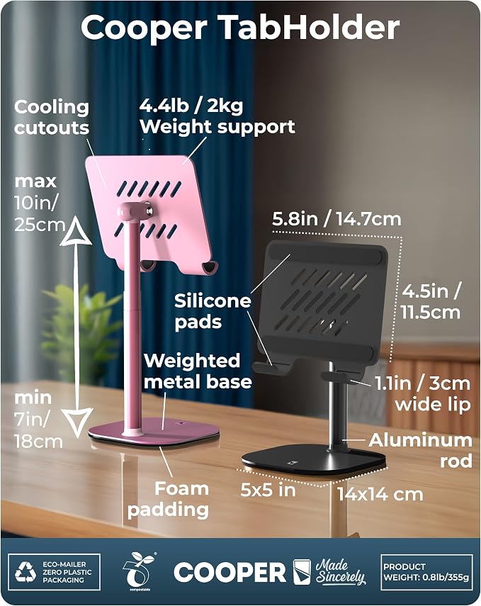 COOPER TabHolder, 7-10" Height Adjustable Tablet Stand, Premium iPad Stand for Desk, 270° Tilt iPad Holder, Kindle Holder, 15.6-17" Portable Monitor Support, (Lavender Pink) - Image 8
