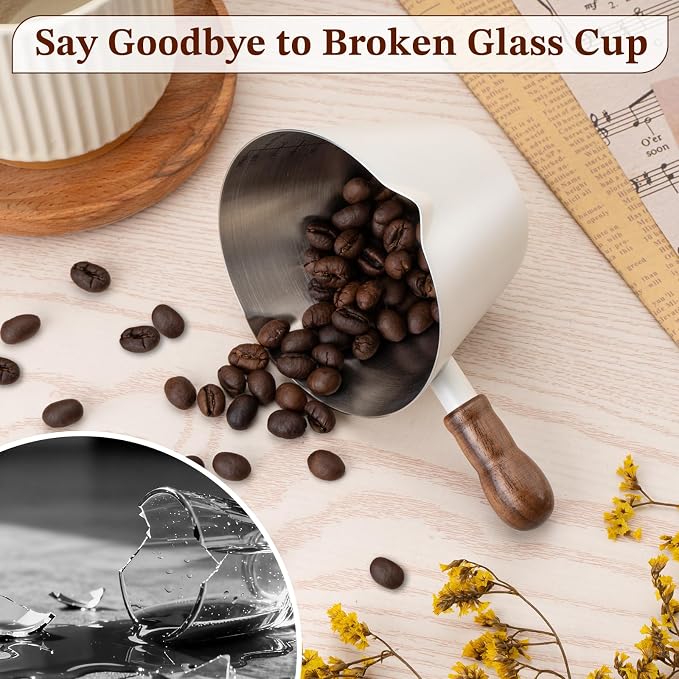 Amrules Espresso Cup, 6.8 oz/200 ml Stainless Steel Coffee Shot Measuring Cup with Wood Handle, Double V-Shaped Mouth and Clear Scale for Cappuccino Barista Coffee Bar Accessories, White - Image 5