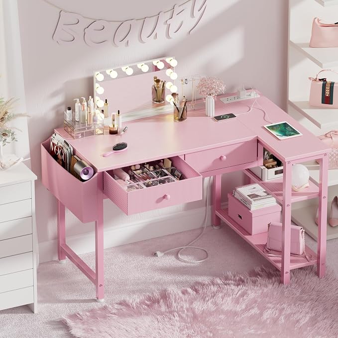 DLisiting Pink Reversible L Shaped Desk with Drawers and Shelves, Small Kids Study Vanity PC Computer Desk with Storage for Girls, Corner L-Shaped Desks for Small Space Bedroom - Image 2