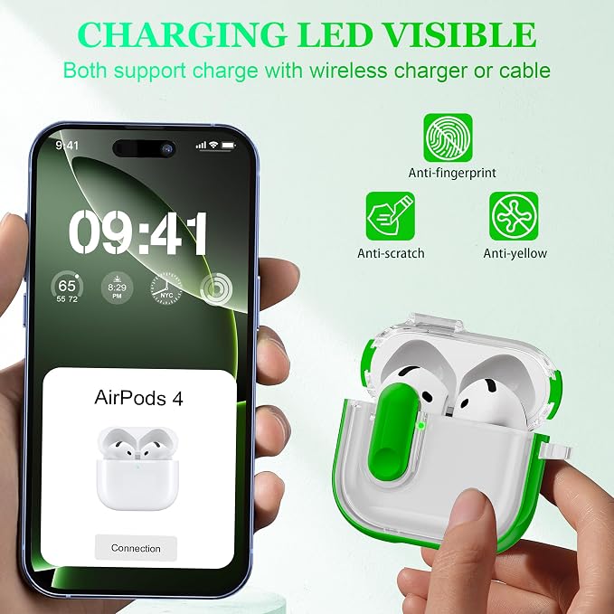 for AirPods 4th Generation Case 2024 with Bright Plated Bezel and Switches, Military-Grade Shockproof Transparent Anti-Yellowing for AirPods 4 Cover, Green - Image 3