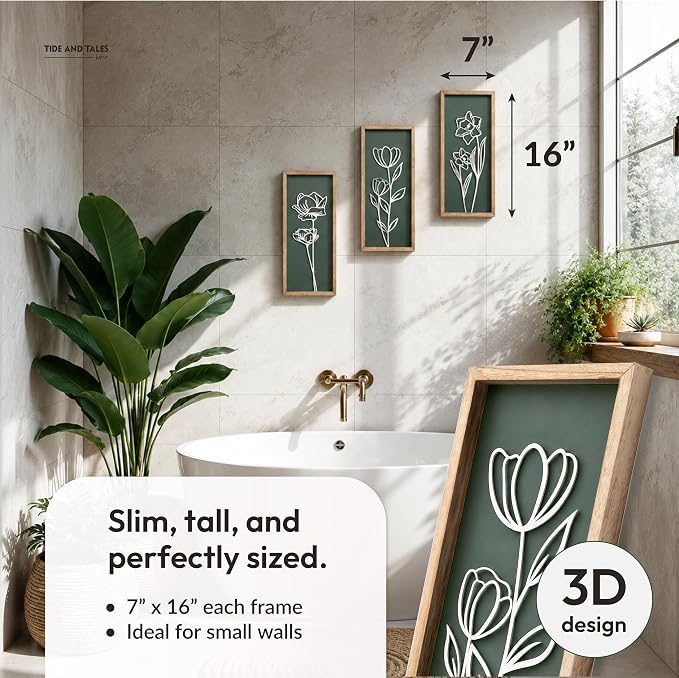 3D Floral Green Wall Art (Set of 3) Lightweight, Wooden Ready-to-Hang Boho Framed Wall Art for Bathroom, Master Bedroom, Living Room or Office - Premium Sage Green Farmhouse Decor - Gift-Boxed - Image 2