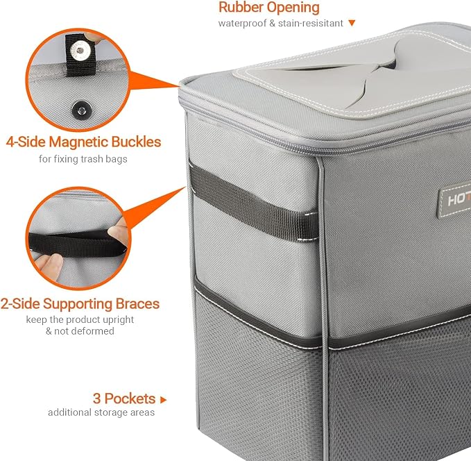HOTOR 3 Gallons Car Trash Can, Ultra Large Capacity Organizer and Storage with Adjustable Straps & Magnetic Snaps, Waterproof Car Accessory for Interior Car Stuff Storage, Gray - Image 4