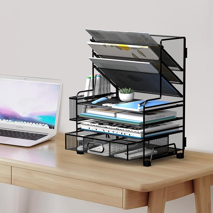 MINDEPOT 4-Tier Paper Organizer + 3-Pocket File Holder + Drawer + Pen Holders, Desktop File Organizers Paper Tray for Office Accessories School Classroom Organization (Black) - Image 6