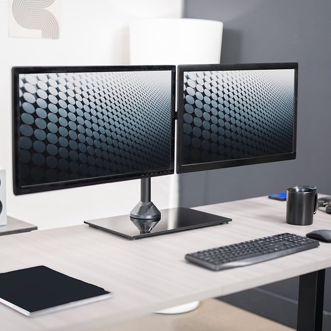 VIVO Freestanding Dual Monitor Stand with Sleek Glass Base and Adjustable Arms, Mounts 2 Screens up to 32 inch and 22 lbs Each, Black, STAND-V002FG | Articulating, Freestanding Adjustable Monitor Arm, Black with Glass Base, Computer Stand for 2 Monitor... - Image 2