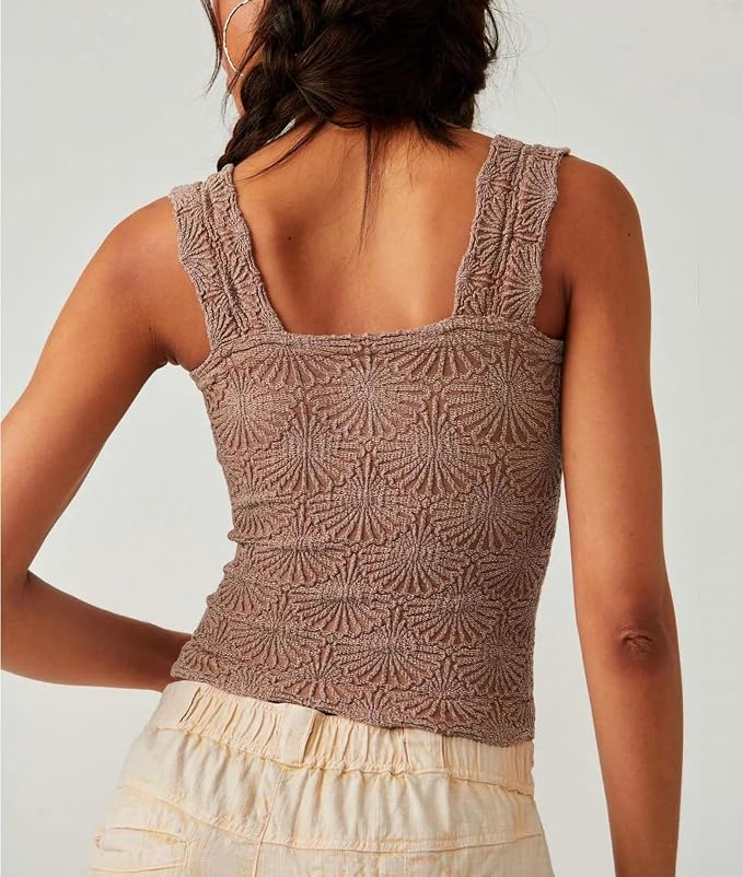 Women's Square Neck Wide Strap Crop Tank Tops Flower Going Out Tops Slim Fit Lettuce Trim Crop Cami Tops - Image 4