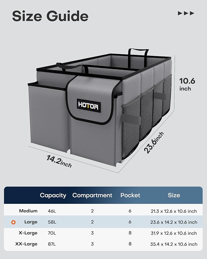 HOTOR Trunk Organizer for Car - Car Organizer, Foldable Trunk organizer for SUVs & Sedans, Sturdy Organization for Car Accessories, Tools, Sundries, Grey, 2 Compartments, 23.6"×14.2"×10.6" - Image 2