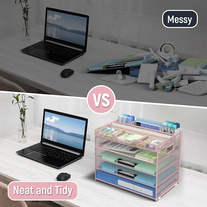 Docnest 5 Tier Mesh Desk Organizer with Removable Tray&Pen Holder, Pink | Features 3 detachable pen holders and 4 removable dividers.Versatile mesh desktop storage for mail, document,office supplie - Image 2