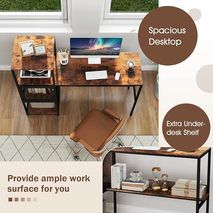 Giantex Computer Desk with Bookshelf, Modern Computer Workstation Home Office Desk with Storage Cabinet & Shelves, Metal Frame, Study Writing Desk for Small Space, Bedroom, Rustic Brown - Image 6