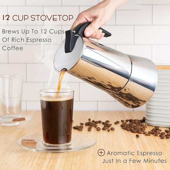 Mixpresso 12 Cup Greca Moka Pot, Stainless Steel Stovetop Espresso Maker | 600ml/20oz Italian stovetop coffee maker with classic percolator design, ideal for preparing coffee at home or while camping - Image 2