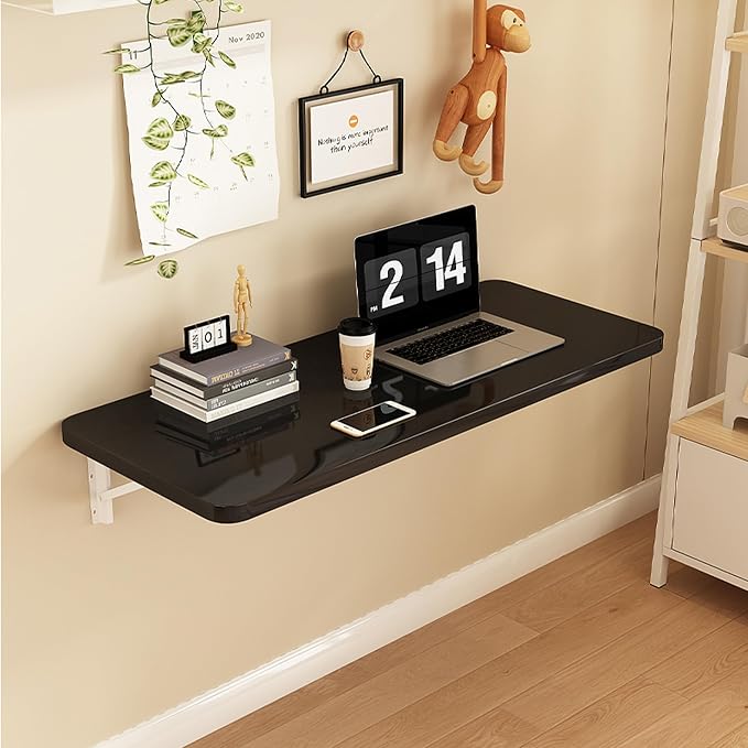 Wall Mounted Folding Table,floating desk for wall,folding wall desks for small spaces,hanging desk for Home Office Computer Workstation,Study Work Bench, Kitchen Dining (black, 35.4"×19.6"(90×50cm)) - Image 3