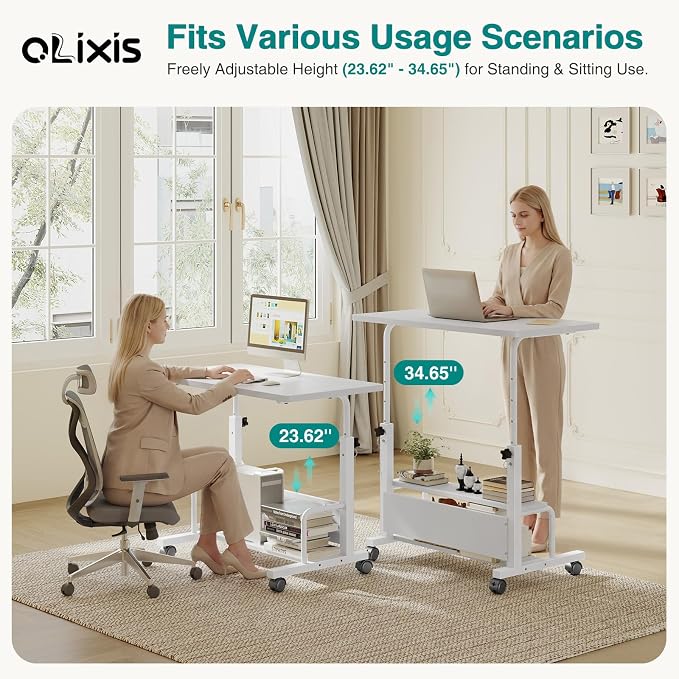 OLIXIS Rolling Desk, Storage Shelves, Laptop Table, Home Office | Height Adjustable Design, Computer Desks on Wheels, Portable for Small Spaces Use, White - Image 6