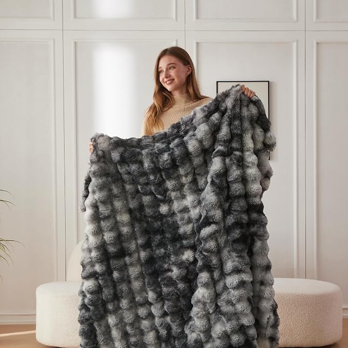 COOVA Faux Fur Throw Blanket for Couch, Cozy Soft and Fuzzy Plush Rabbit Fur Bubble Blanket for Sofa Bedroom Living Room, 50x60 Inches Tie Dye Light Grey - Image 3
