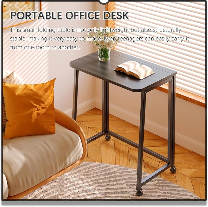 4NM 23.6" Mobile Small Folding Desk, Foldable Rolling Computer Home Office Desk, Study Writing Table for Small Space Saving Bedroom, with Wheels - All Black - Image 4