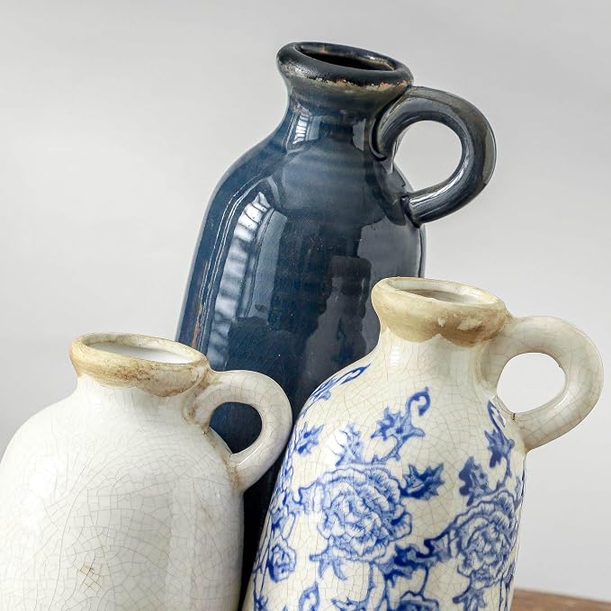 Ceramic Vase Set of 3 with Handle, Vintage Rustic Vases Home Decor Farmhouse Decorative Vase Pottery Decor Modern for Table Mantel Entryway Bookshelf Living Room Kitchen Bedroom - Blue - Image 5
