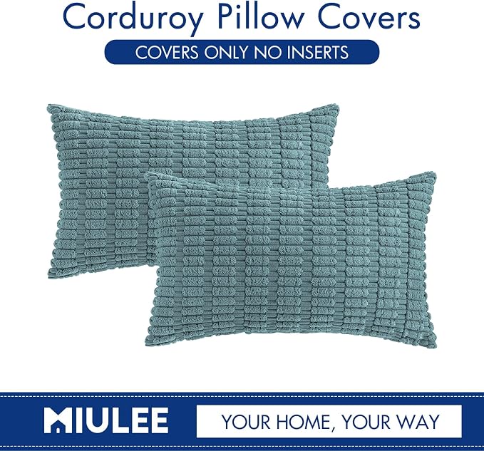 MIULEE Pack of 2 Corduroy Decorative Lumbar Throw Pillow Covers 20x12 Inch Soft Boho Striped Pillow Covers Modern Farmhouse Home Decor for Summer Coastal Sofa Living Room Couch Bed Coastal Blue - Image 6