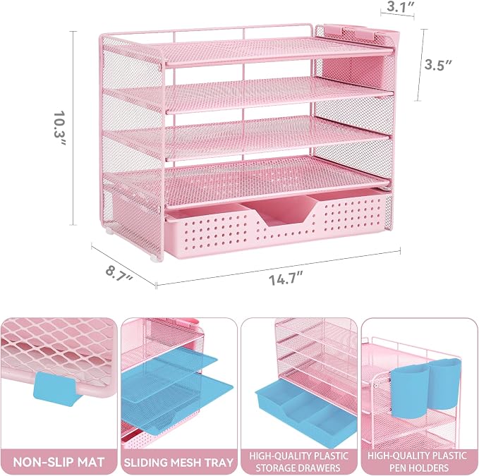 LEKETREE Desk Organizers and Accessories, 5-Tier Paper Letter Tray Organizer with Drawer & 2 Pen Holders, Desktop Organizer for Office Supplies (Pink) - Image 2