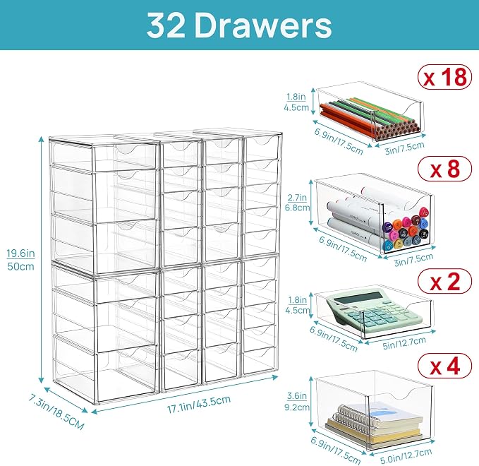Vtopmart Acrylic Desk Organizer with 32 Drawers for Office, Makeup, Crafts | Clear Storage Drawers for Office Supplies, Desktop Organization for Makeup, Jewelry, Art Crafts, Bead, Pen, Stationary - Image 2