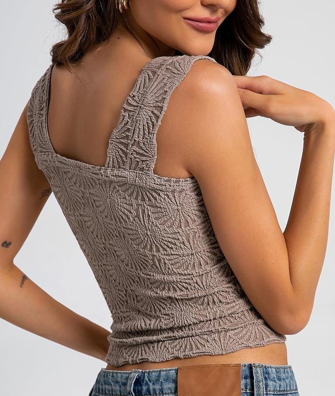 Women's Square Neck Wide Strap Crop Tank Tops Flower Going Out Tops Slim Fit Lettuce Trim Crop Cami Tops - Image 2