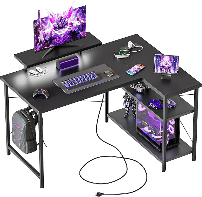 Mericonia 40 in Corner Desk with Monitor Stand, Small L Shaped Gaming Desk | Reversible Computer Desk with Power Outlets, LED Light & Storage Shelves, Office Table for Home Bedroom Study Work Writing by MERICONIA