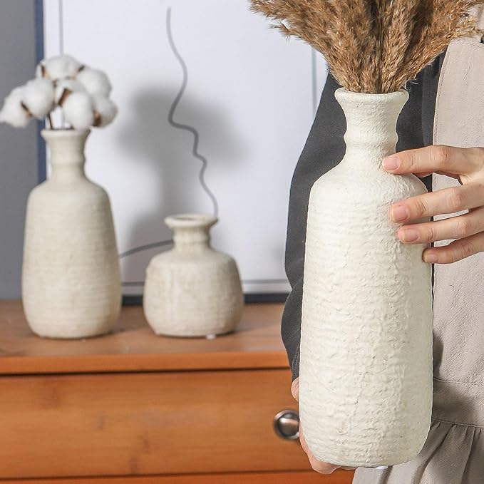Ceramic Vase Set of 3, Neutral Rustic Vases Home Decor Farmhouse Decorative Vase Whitewashed Pottery Decor Boho Modern for Table Mantel Entryway Bookshelf Living Room Kitchen Bathroom Bedroom - White - Image 3