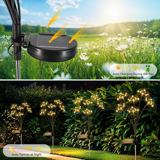 JJGoo Solar Garden Lights, New Upgraded 6 Pack Solar Swaying Starburst Light, Waterproof Fireworks Outdoor Lights, Yard Patio Pathway Decoration, Warm White - Image 3