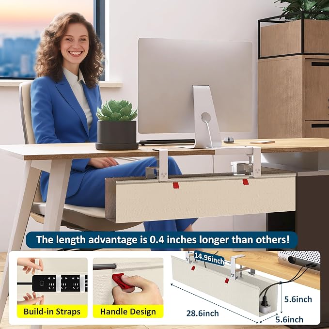 28" Small Under Desk Cable Management Tray No Drill, Compact Clamp On Cord Organizer for Dorm & Small Desk, Anti-Sag Oxford Fabric Wire Hider, Power Strip Holder (Beige, 28.6") - Image 7