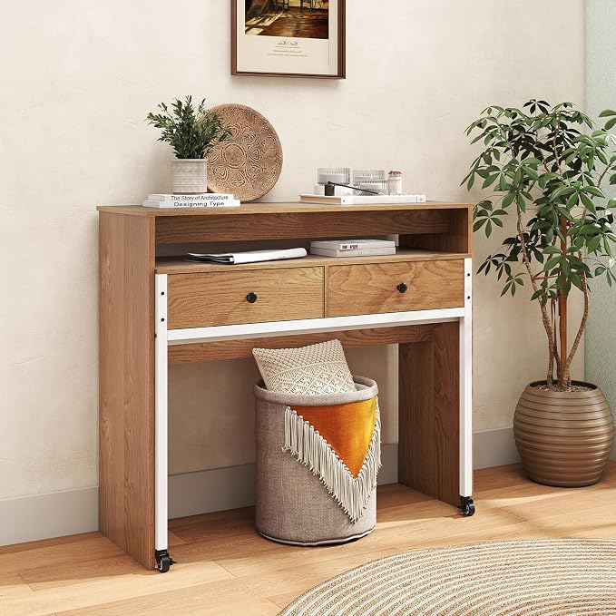Giantex Small Computer Desk with Hutch & Drawers, Extendable Writing Desk w/Pull Out Secondary Table, Monitor Stand & Rolling Wheels, Console Table, Compact Desk for Small Spaces (Natural) - Image 2