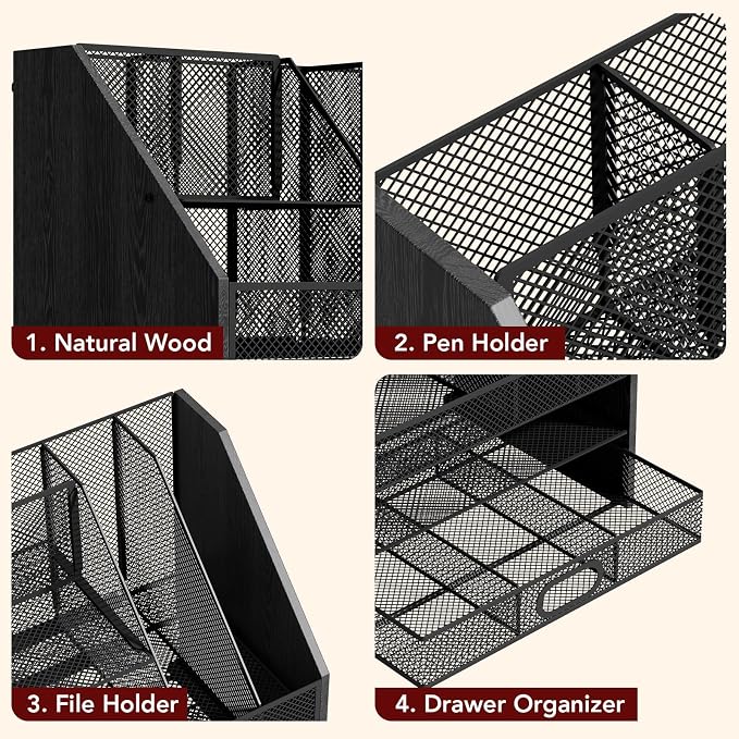Homsorout Wooden Desk Organizer - Mesh File Organizer with Drawers and Pen Holder - 4-Tier Vertical Paper Letter Storage Tray, Desktop Organizers and Accessories for Home Office (Black - Image 5