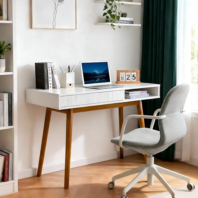 Artswish White Wood Desk with Drawer, 42" Mid Century Modern Writing Desk | Soild Wood Legs, Reinforced Structure, Drawer & Open Cubby Storage, Built-in Cable Management Hole for a Clean Workspace - Image 2