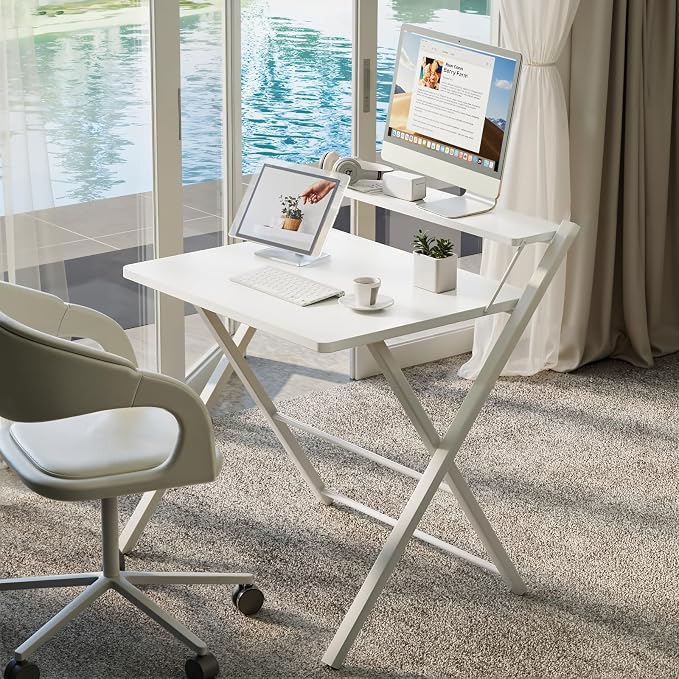 GreenForest Folding Desk No Assembly Required Large Size, 2-Tier Foldable Computer Desk with Shelf for Home Office, Space Saving Portable Laptop Study Foldable Table for Bedroom, White | Portable Foldable Table for Laptop, 2-Tier Compact with Shelf, Sp... - Image 2