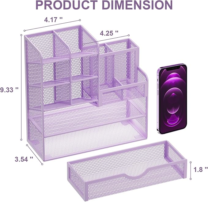 Marbrasse Mesh Pen Holder for Desk, Multi-Functional Pencil Organizer with Drawer, Desk Organizers and Accessories for Office Art Supplies (Purple) - Image 4