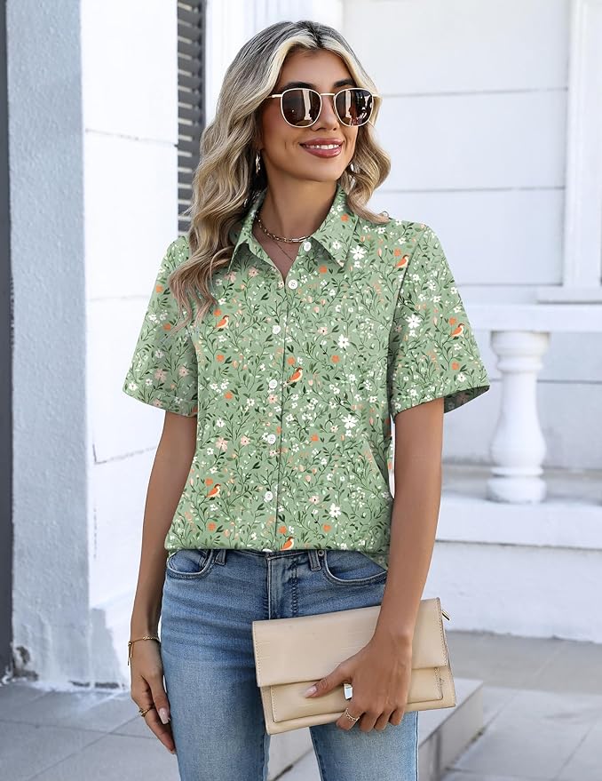 Zeagoo Button Down Shirts for Women Short Sleeve Collared Tops Dressy Casual V Neck Blouses - Image 2