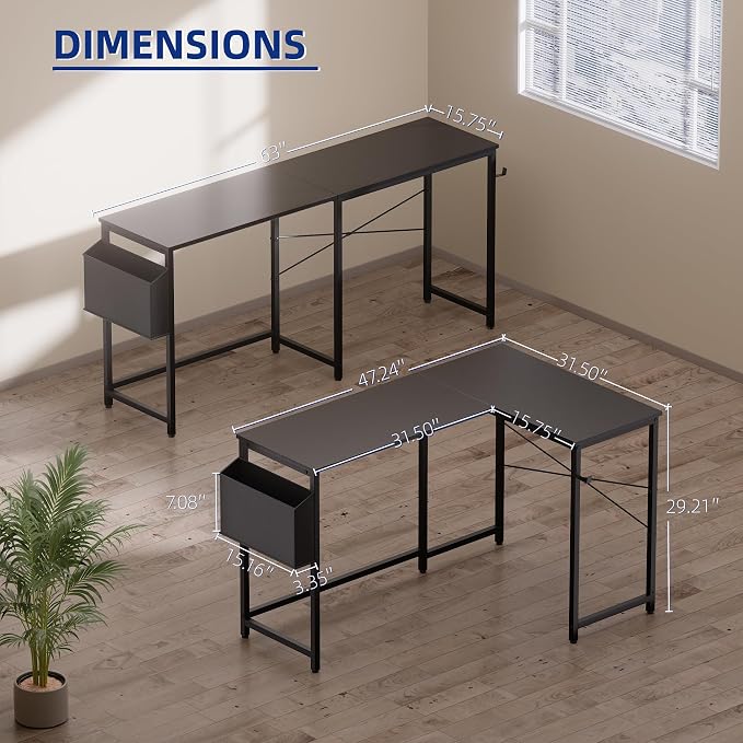 Pamray 47 Inch Reversible L Shaped Gaming Desk Corner Computer Desk with Storage Bag Home Office Table for Writing Study Grey - Image 3