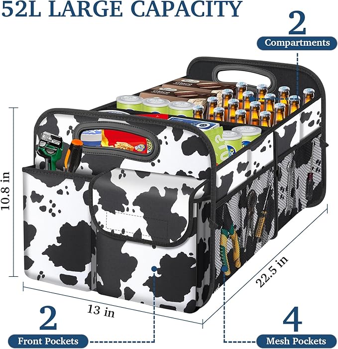 Femuar Car Trunk Organizer, Cow Print, Vintage Style, 52L Capacity, 4 Compartments, Waterproof, Non-Slip, Collapsible, 22.5"D x 18"W x 10.8"H - Image 2