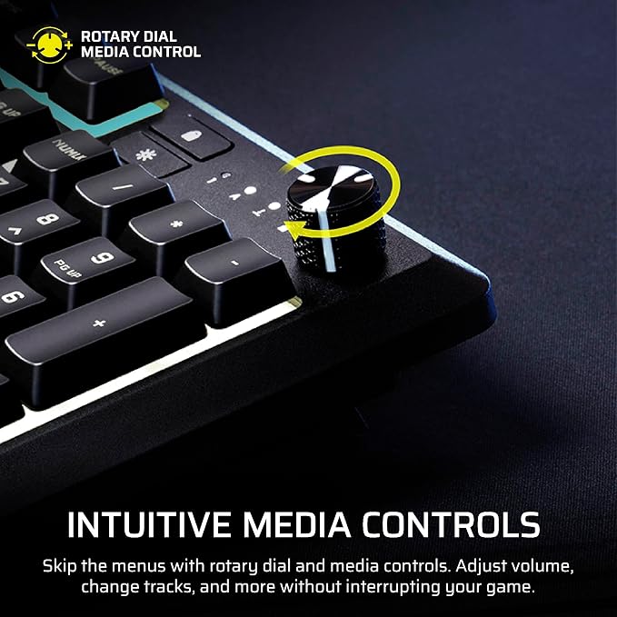 Corsair Skiff 100 Quiet RGB Wired Membrane Gaming Keyboard – QWERTY US, IP53 Spill & Dust Resistant, Responsive Keys, Media Dial – Black - Image 3