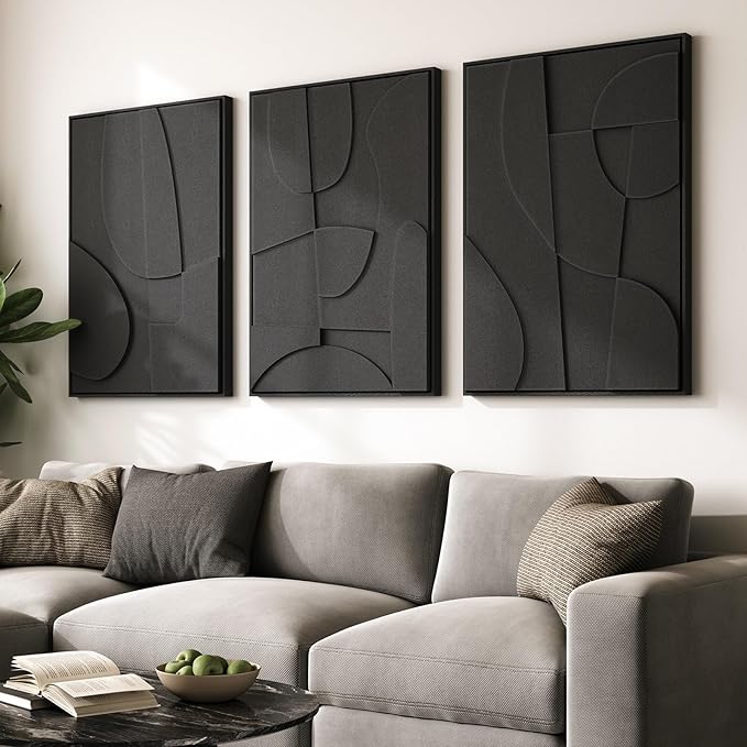 Large 3D Textured Framed Black Abstract Wall Art for Living Room, 3 piece Modern Minimalist Geometric Texture Artwork for Walls, Sandstone Art Pictures for Bedroom Hallway Office Wall Decor 24x36 In by Cuspin