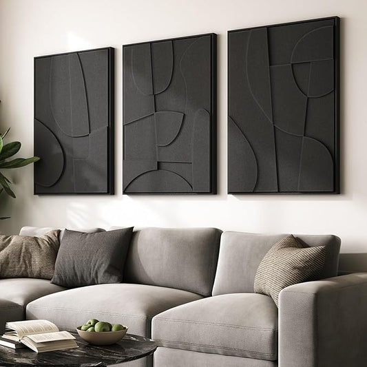 Large 3D Textured Framed Black Abstract Wall Art for Living Room, 3 piece Modern Minimalist Geometric Texture Artwork for Walls, Sandstone Art Pictures for Bedroom Hallway Office Wall Decor 24x36 In by Cuspin