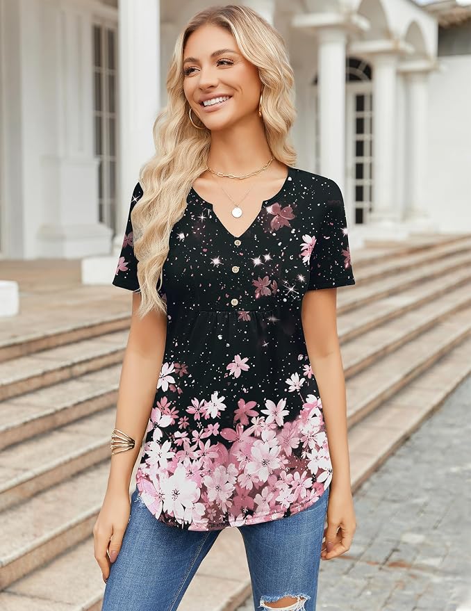 Zeagoo Womens Short Sleeve Tops Summer Henley V-Neck Tshirts Casual Pleated Blouse Dressy Loose Floral Basic Tee - Image 5