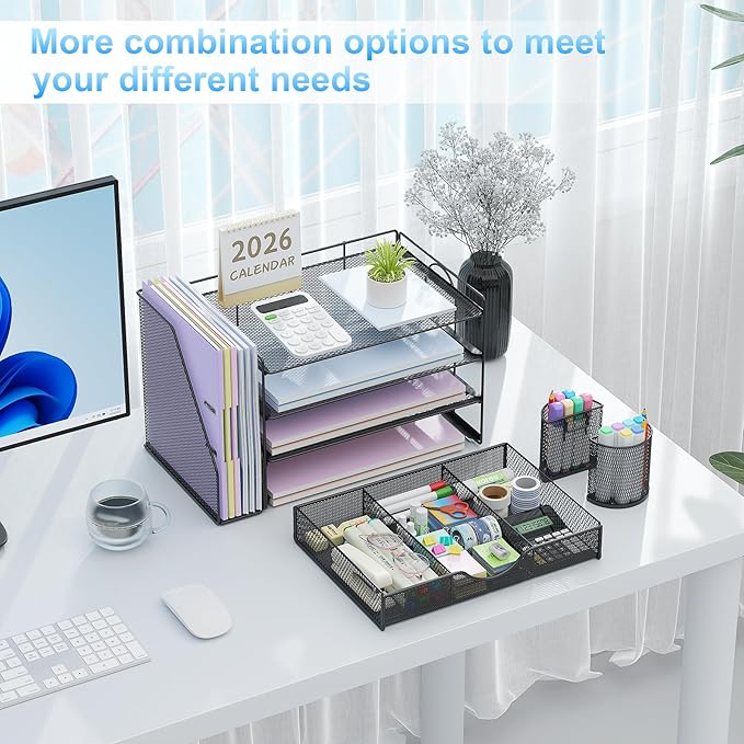 gianotter Desk Organizers and Accessories with File Holder, 4-Tier Desk Accessories & Workspace Organizers with Drawer and 2 Pen Holder, Paper Organizer for Office Supplies (Black) - Image 3