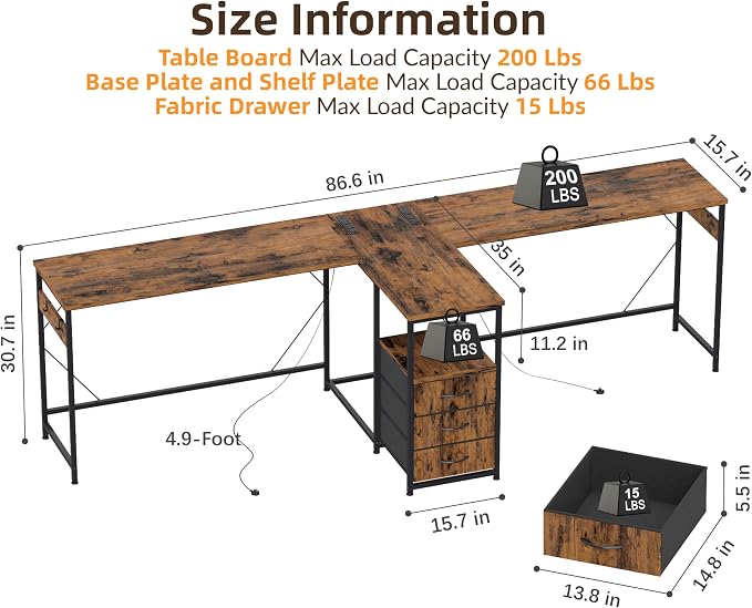 YOSHOOT 2 Person Computer Desk, 87" Long Gaming Desk for 2 People | Double Desk with 3 Fabric Drawers and 2 Power Outlets, Home Office Table for Adults and Teenagers, Rustic Brown - Image 3