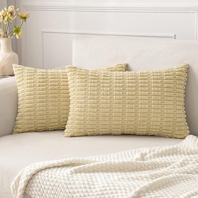 MIULEE Pack of 2 Corduroy Decorative Lumbar Throw Pillow Covers 20x12 Inch Soft Boho Striped Pillow Covers Modern Farmhouse Home Decor for Sofa Living Room Couch Bed Beige by MIULEE