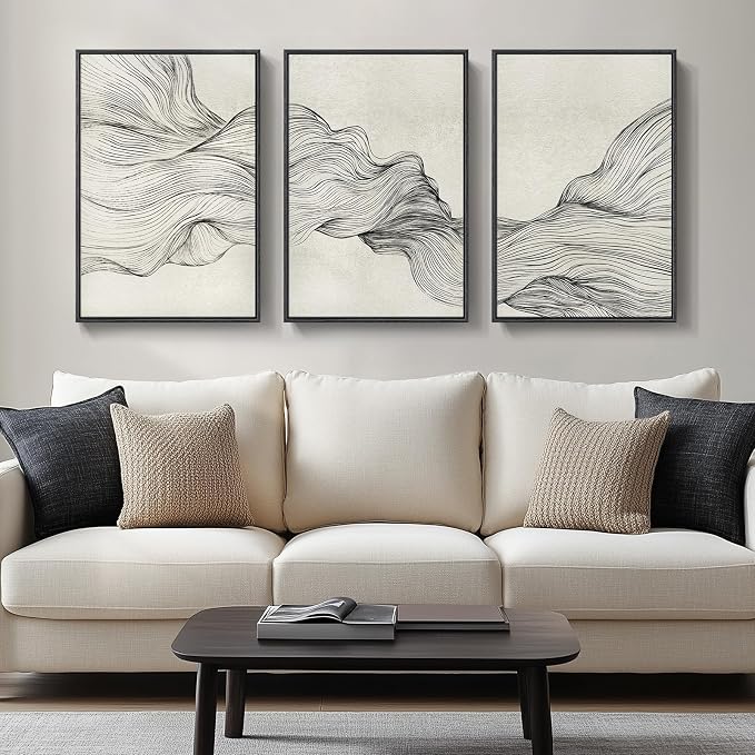 Large Framed Neutral Modern Abstract Wall Art, 3 Piece Black and Beige Canvas Prints Paintings Artwork for Walls, Minimalist Line Pictures for Living Room Hallway Office Wall Decor -Total 30x60 Inch by Cuspin
