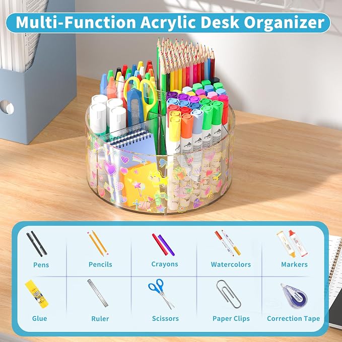 Acrylic Pen Holder for Desk Organizer Holder with 2 Adhesive DIY Stickers | Marker Holder Organizer with 2 Cute Sticker, 360 Degree Office Supply Organizer Clear Pencil Holder for Kid 6 Compartments - Image 5