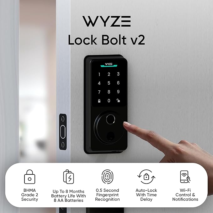 Wyze Auto-Lock Bolt v2, Fingerprint Keyless Entry Smart Lock, AI Learning Scanner with Wi-Fi Front Door Lock Deadbolt, Auto-Lock, 8 Months Battery, BHMA2, IP53, Anti-Peep Keypad, Backup Keys - Image 2