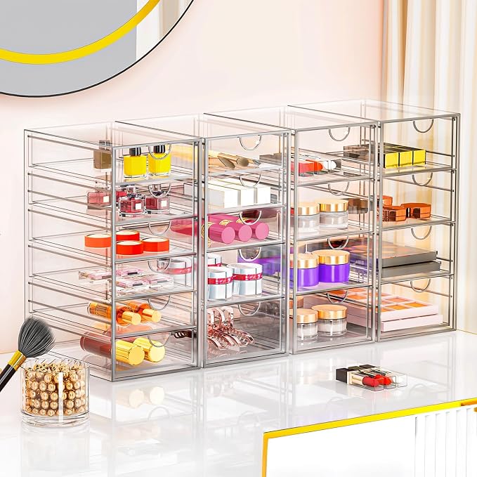 YFXCVSL 6-Pack Acrylic 31-Drawer Storage & Makeup Organizer for Desk | Smooth-glide drawers, clear acrylic, stackable, dustproof, wipe-clean, for makeup palettes, lipsticks, blushes, cotton pads - Image 4