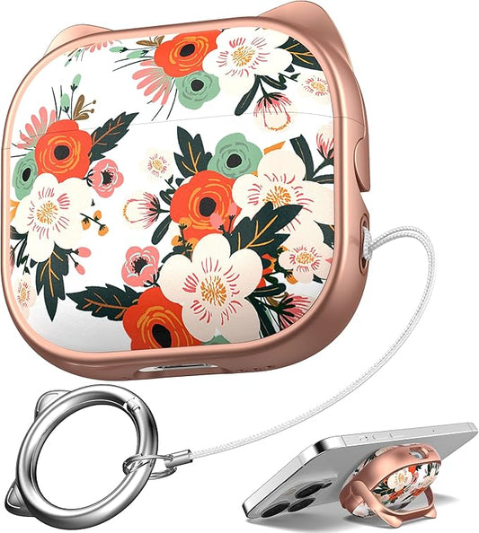 for AirPods 4 Case with Cleaning Kit, Cute Cat Ear Print Design & Cute Buckle, Inverted Phone Holder Design, Top Safe Lock Buckle Design, for Girls AirPods 4 case 2024, Rose Gold Flower by MHYALUDO