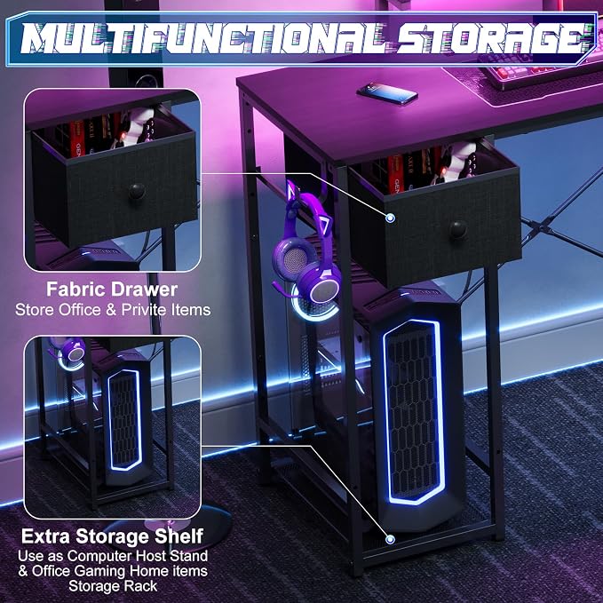 X-cosrack 33.5" Small Gaming Desk with LED Lights & Power Outlets, Compact Computer Desk with Monitor Stand & CPU Stand, Gamer Table with Storage Drawer, Side Hooks for Home Office, Bedroom, Black - Image 6