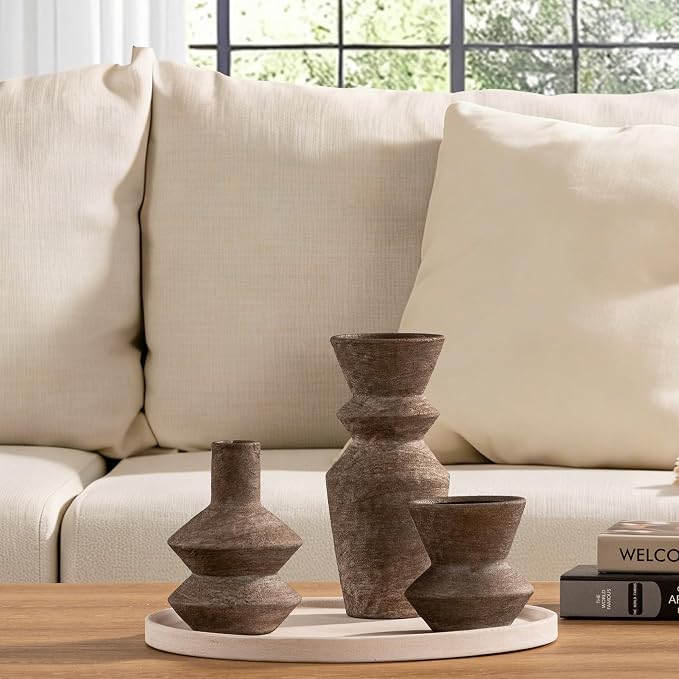 Ceramic Vase Home Table Decor - Brown Flower Vase Set of 3 Living Room Kitchen Decorations Farmhouse Modern Rustic Vases Decorative Centerpiece for Shelf Bedroom Office Bathroom Dining Coffee Desk - Image 4